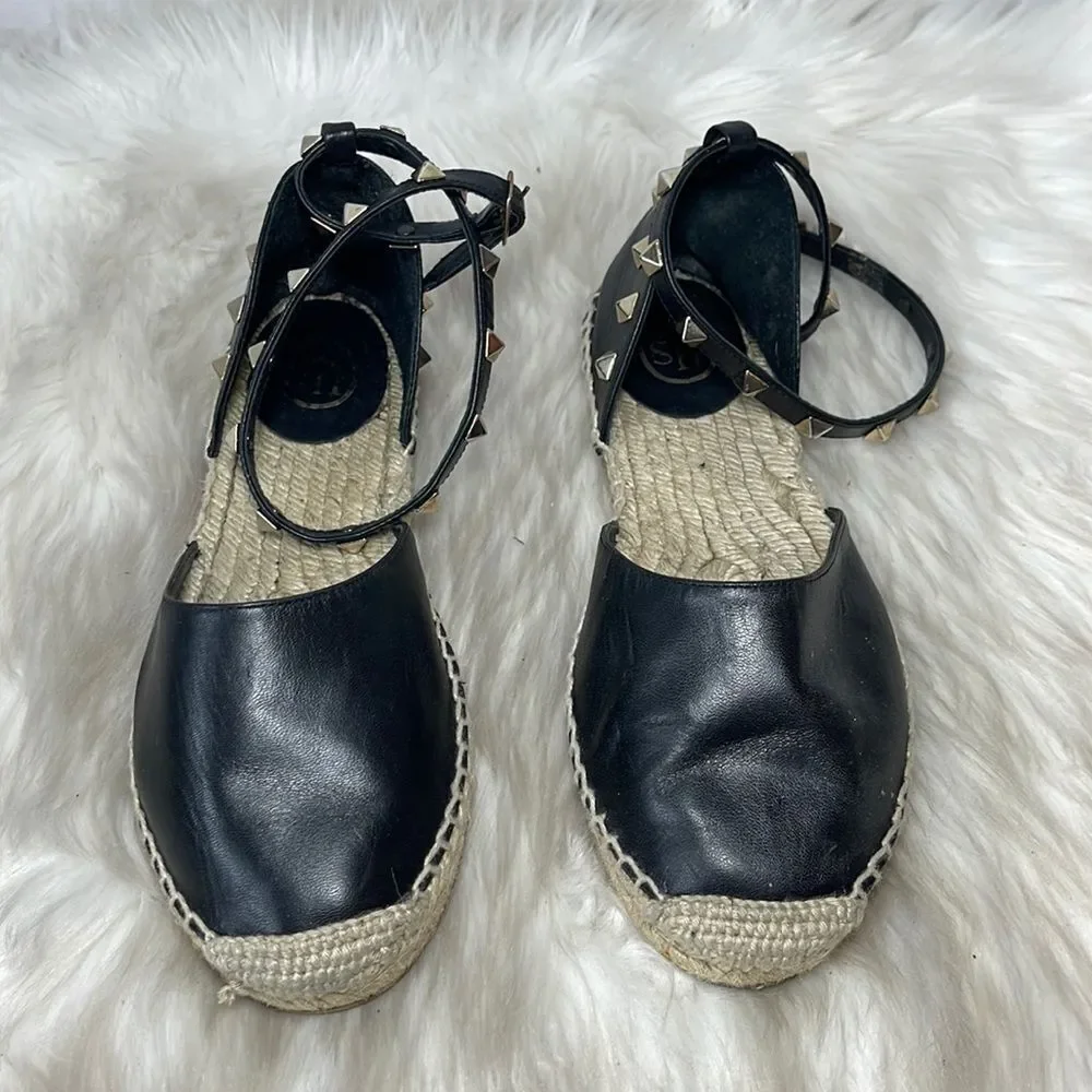 ASH Zania Black Leather Studded Dorsay Espadrilles Sz 36/6‎